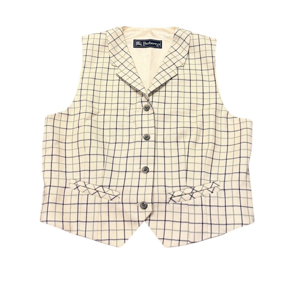 Burberrys Vintage Check Wool Vest Coat Liner Cream‎ Navy Womens 8 USA